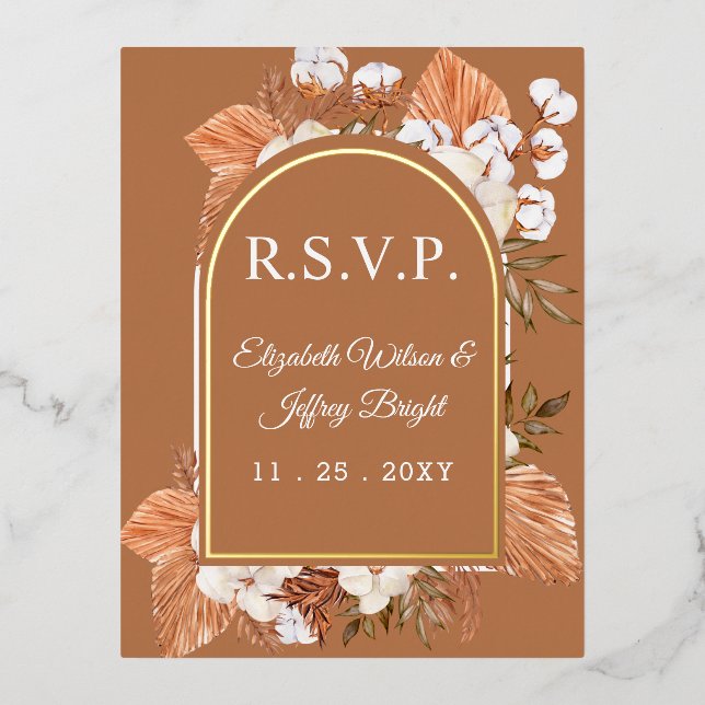 Rustic Terracotta Boho Pampas Arched RSVP   Foil Invitation Postcard (Front)