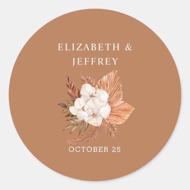 Rustic Terracotta Boho Pampas Orchids Wedding Classic Round Sticker (Front)