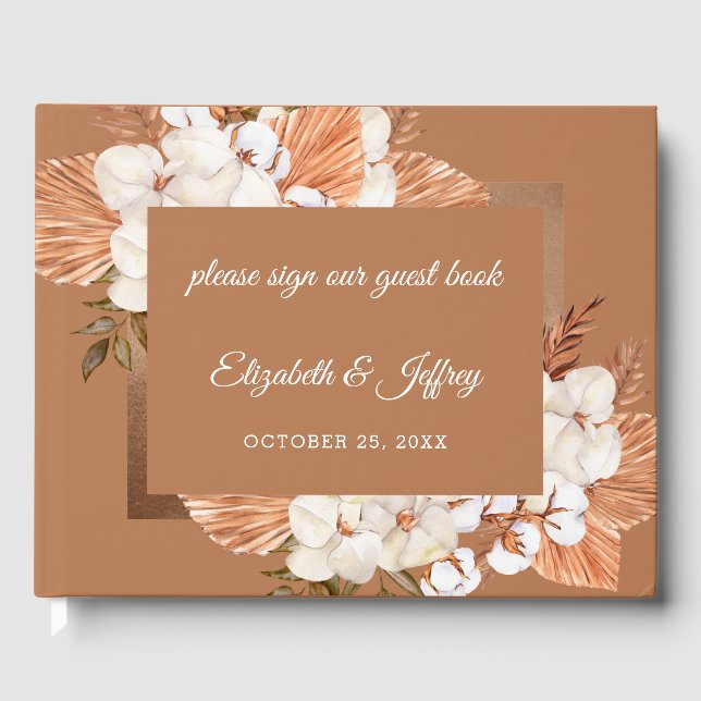 Rustic Terracotta Boho Pampas Orchids Wedding Guest Book (Front)