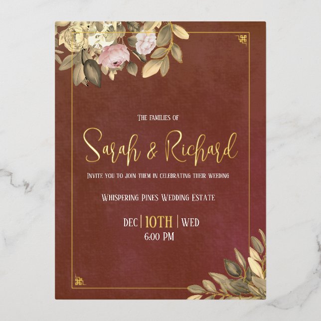 Rustic Terracotta Botanical Boho Luxe Wedding Foil Invitation Postcard (Front)