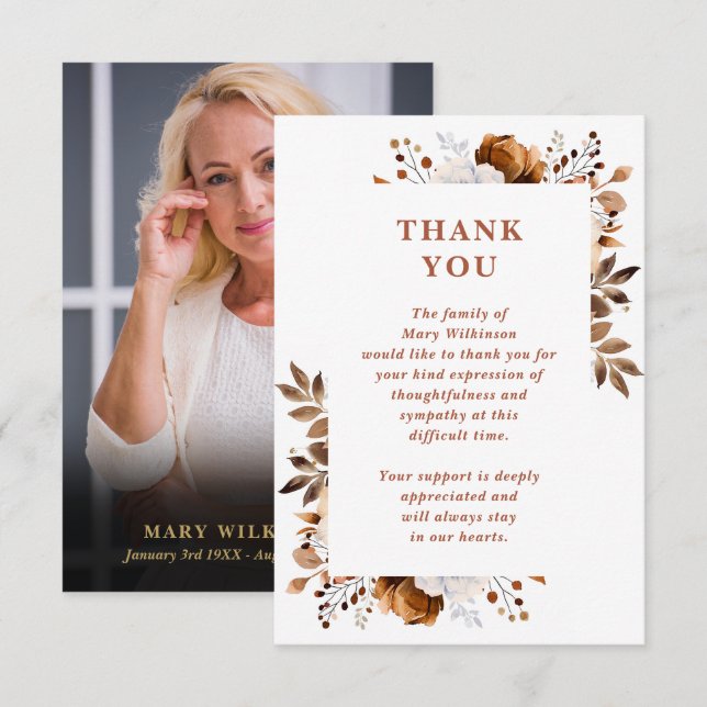 Rustic Terracotta Celebration Of Life Photo Thank You Card (Front/Back)