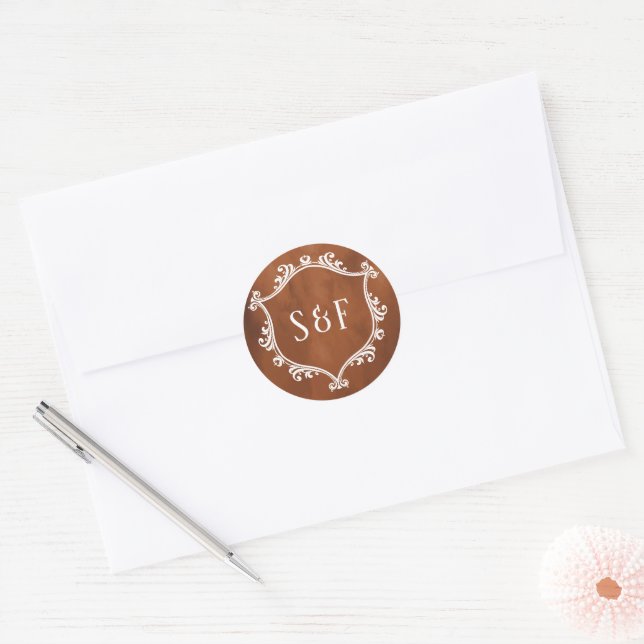 Rustic Terracotta Crest Monogram Classic Round Sticker (Envelope)