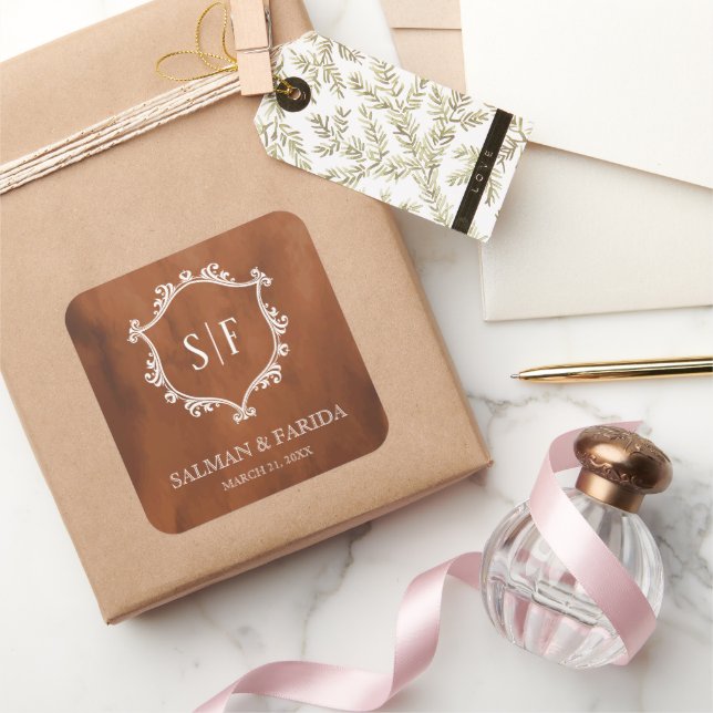 Rustic Terracotta Crest Monogram Wedding Square Sticker (Gifting)