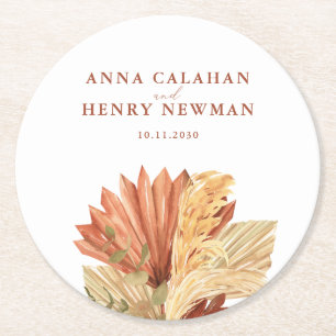 Rustic Terracotta Dried Palm Leaf Wedding Round Paper Coaster