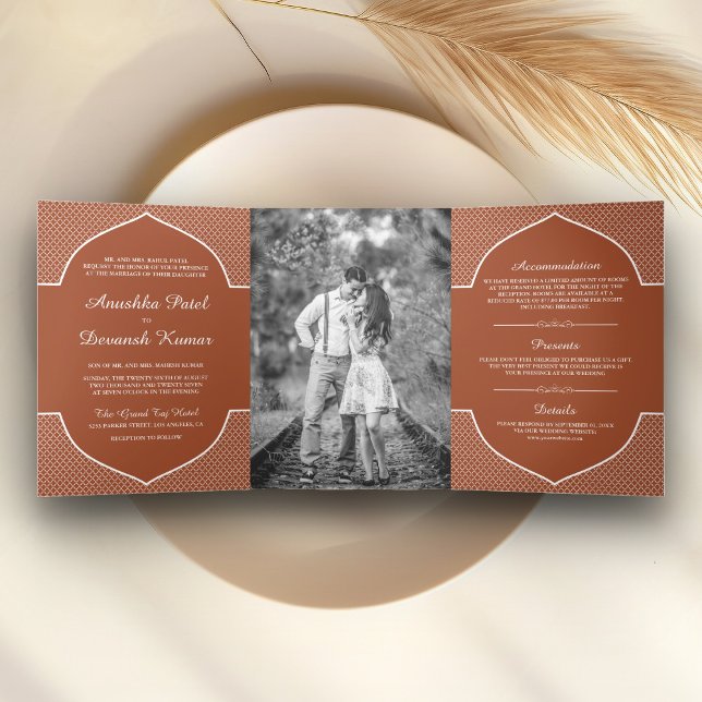 Rustic Terracotta Ethnic Indian Arch Wedding Photo Tri-Fold Invitation (Creator Uploaded)