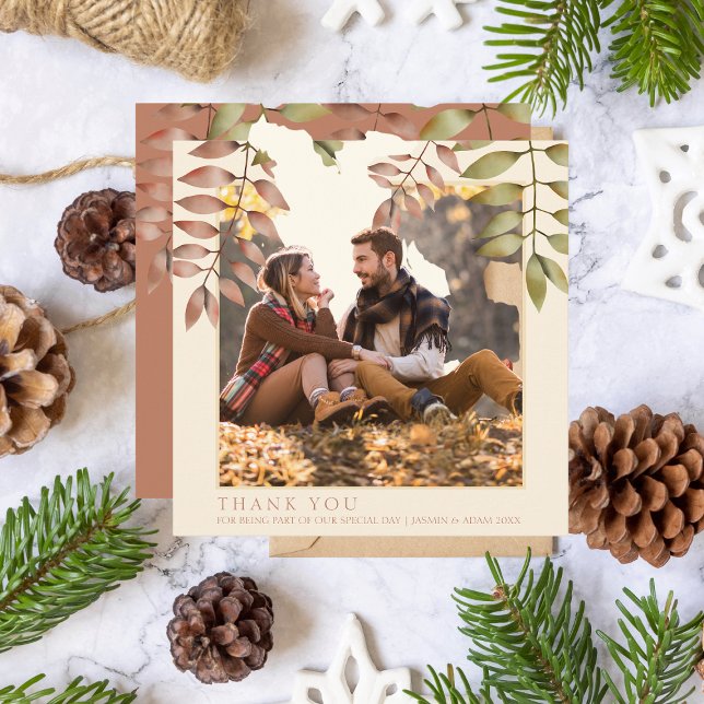 Rustic Terracotta Fall Autumn Leaves Photo Wedding Thank You Card (Creator Uploaded)