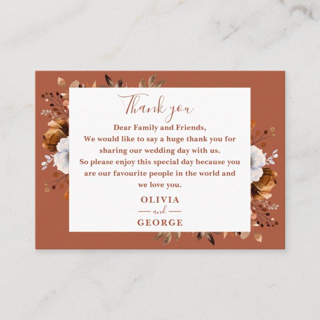 Rustic Terracotta Fall Floral Wedding Thank You Place Card (Front)