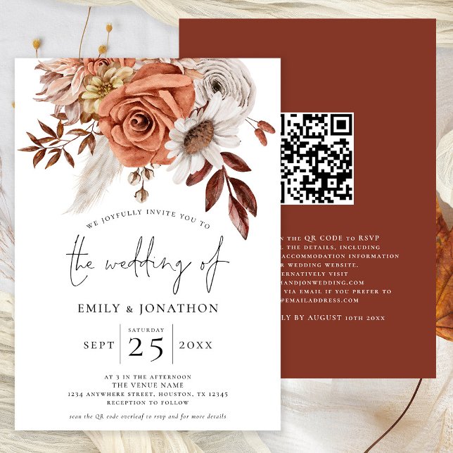 Rustic Terracotta Fall Florals QR Code Wedding Invitation (Avaialble digitally or printed)