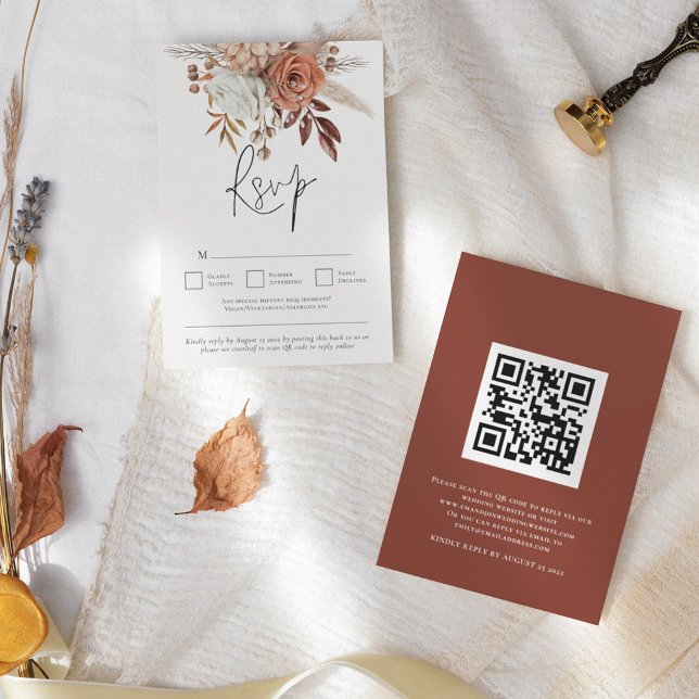Rustic Terracotta Fall Florals QR Code Wedding  RSVP Card (Front and back view)