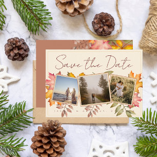 Rustic Terracotta Fall Leaves Three Photo Wedding Save The Date
