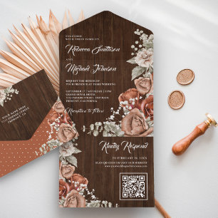 Rustic Terracotta Floral Barn Wood QR Code Wedding All In One Invitation