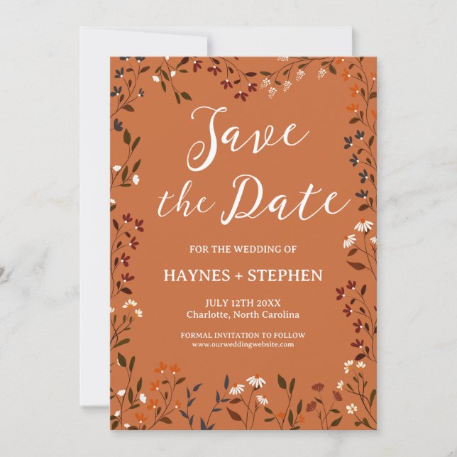 Rustic Terracotta Floral Save the Date Card (Front)