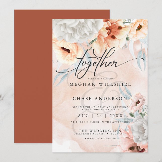 Rustic Terracotta Floral Watercolor Wedding Invitation (Front/Back)