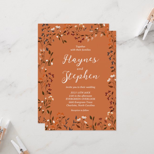 Rustic Terracotta Floral Wedding Invitation (Front/Back In Situ)
