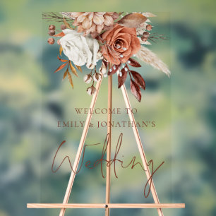 Rustic Terracotta Florals Autumn Welcome Wedding Acrylic Sign