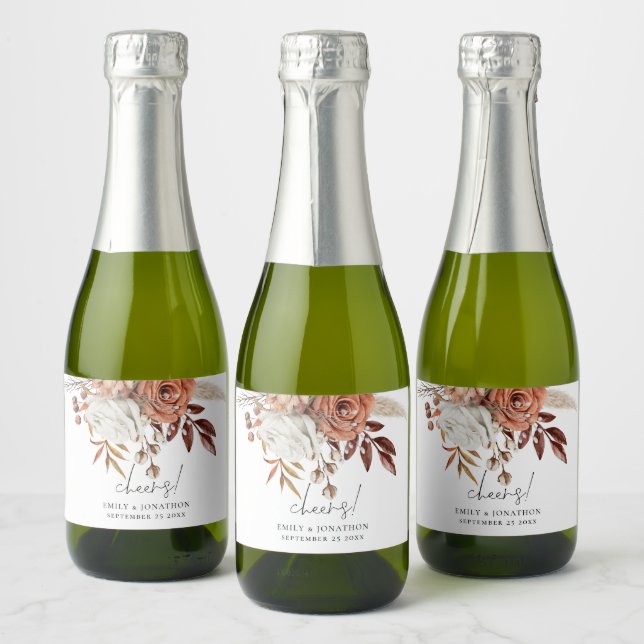Rustic Terracotta Florals Cheers Name Date Wedding Sparkling Wine Label (Bottles)