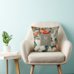 Rustic Terracotta Florals Elegant Monogram  Throw Pillow<br><div class="desc">This gorgeous decorative throw pillow makes a great gift for the newlyweds... or anyone! It features painted flowers terracotta orange, green, and white over a burlap look background. Easy to personalize for a unique keepsake - perfect for autumn, winter, or Christmas decor. The square in the centre can be customized...</div>