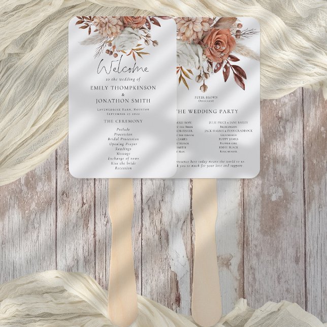 Rustic Terracotta Florals Fall Wedding Program Hand Fan (Wedding program fan, front and back view. part of the Terracotta Florals Collection)