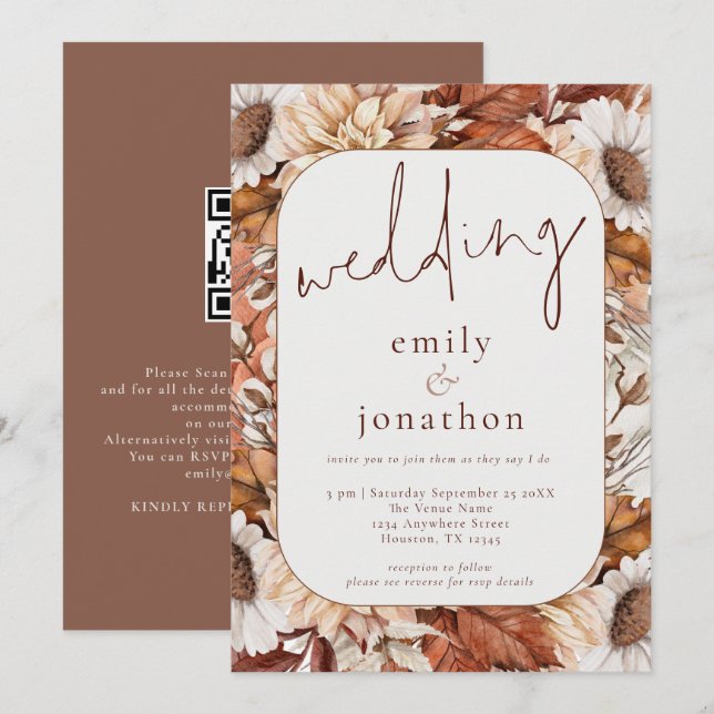 Rustic Terracotta Florals Frame QR Code Wedding Invitation (Front/Back)