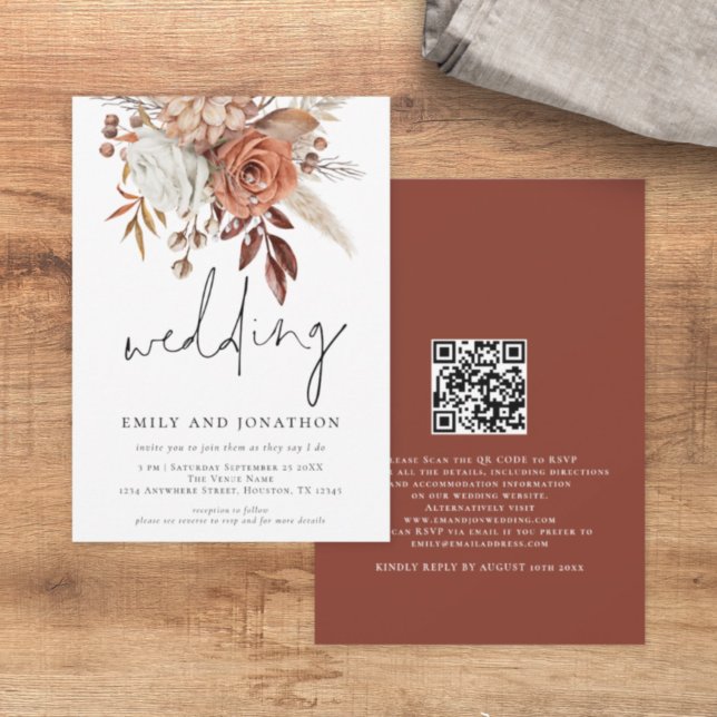 Rustic Terracotta Florals Informal Script Wedding Invitation (Front and back view)