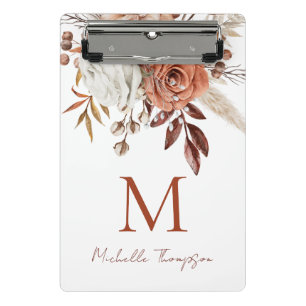 Rustic Terracotta Florals Monogram Initial Name Mini Clipboard