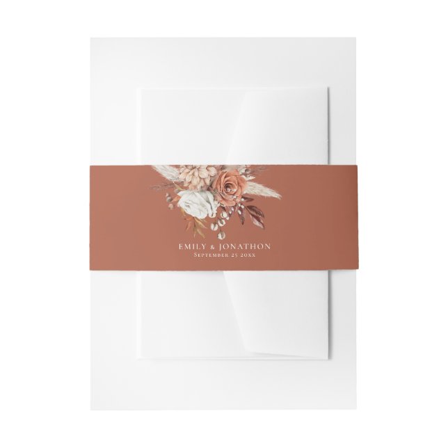 Rustic Terracotta Florals Names Date Rust Wedding  Invitation Belly Band (Front Example)
