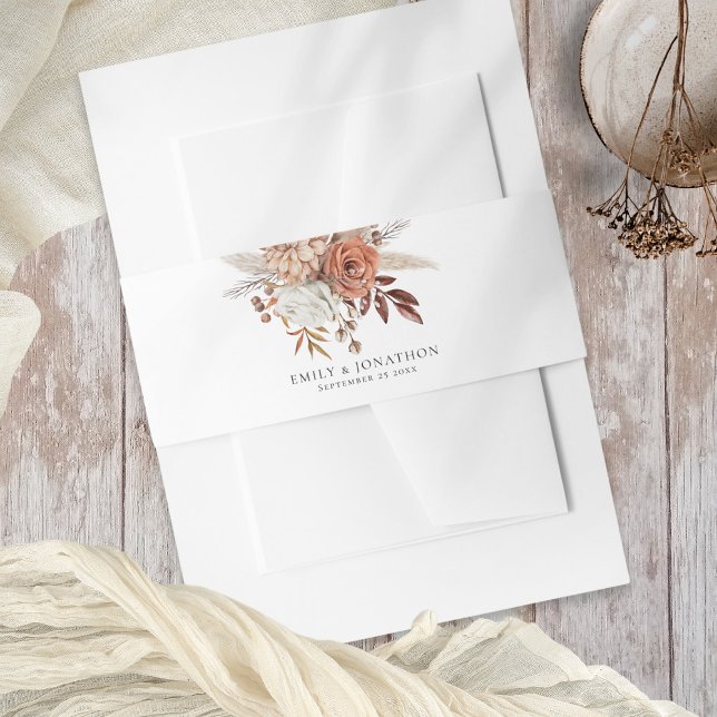 Rustic Terracotta Florals Names Date Wedding  Invitation Belly Band (Creator Uploaded)