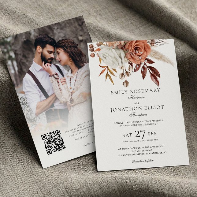 Rustic Terracotta Florals Photo QR Formal Wedding Invitation (Front and Back view)