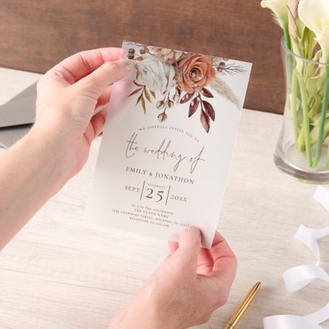 Rustic Terracotta Florals Script Brown Wedding Vellum Invitations (Handheld)