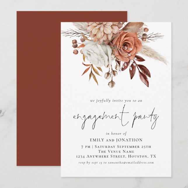 Rustic Terracotta Florals Script Engagement Party Invitation (Front/Back)