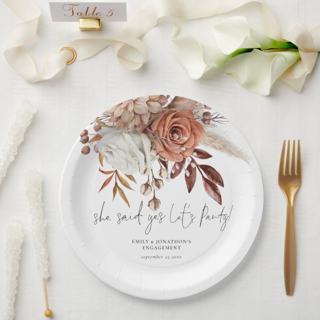 Rustic Terracotta Florals She Said Yes Engagement Paper Plate (Wedding)