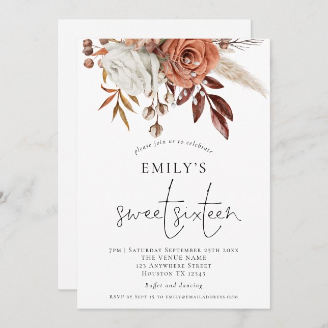 Rustic Terracotta Florals Sweet 16 Party Invitation (Front/Back)