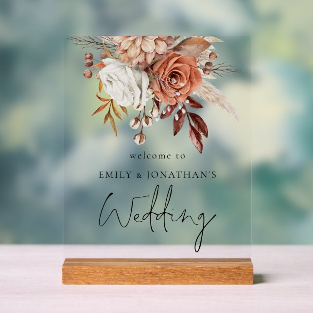 Rustic Terracotta Florals Welcome To Wedding Acrylic Sign (Neutral)