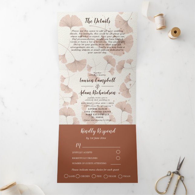 Rustic Terracotta Ginkgo Foliage Wedding  Tri-Fold Invitation (Inside)