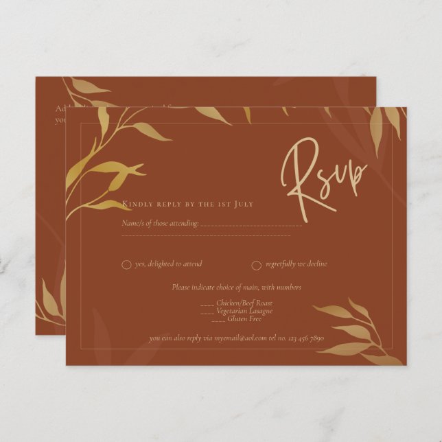 Rustic Terracotta GOLD Leaves Overlay Wedding RSVP Postcard (Front/Back)