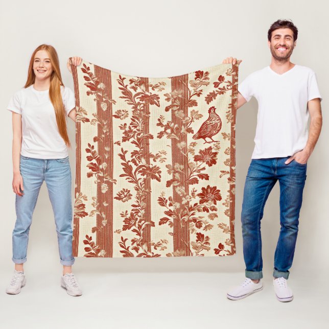 Rustic Terracotta Hen Toile Stripe Pattern Fleece Blanket (In Situ)