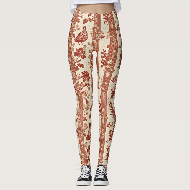 Rustic Terracotta Hen Toile Stripe Pattern Leggings (Front)