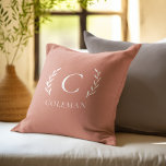 Rustic Terracotta Monogram Initial Indoor Outdoor Throw Pillow<br><div class="desc">This rustic design showcases a monogrammed initial at the heart of a leafy branch motif set against a beautiful terracotta backdrop. The chic and elegant foliage pattern is ideal for enhancing the decor of your bedroom, family room, living room, porch or patio. Customize this classic farmhouse pillow with your family's...</div>