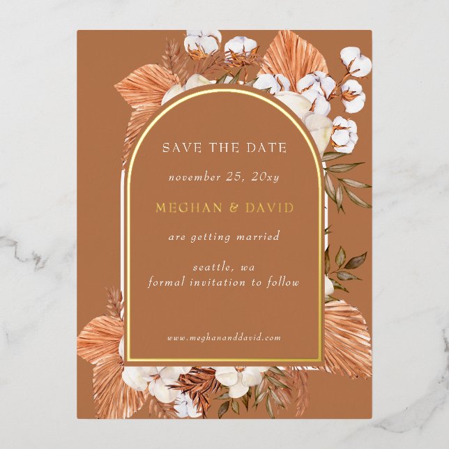 Rustic Terracotta Pampas Arched save the date Foil Invitation Postcard (Front)