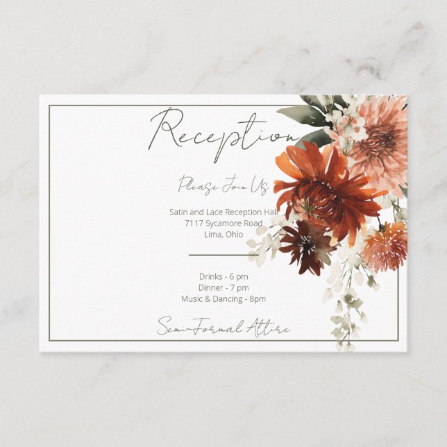 Rustic Terracotta Rust Flowers Reception Enclosure Card (Front)
