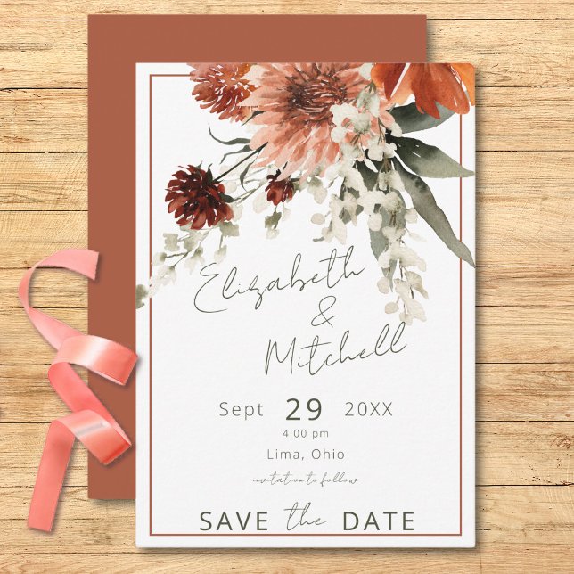 Rustic Terracotta Rust Flowers  Save The Date (Rustic Terracotta Rust Flowers Save The Date)