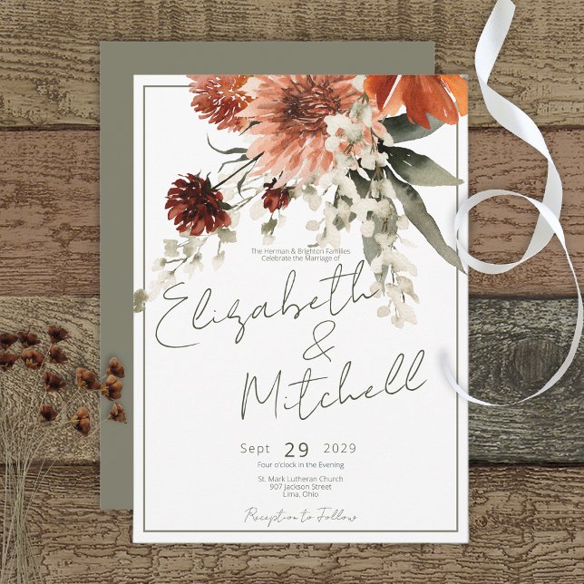 Rustic Terracotta Rust Flowers Wedding Invitation (Creator Uploaded)