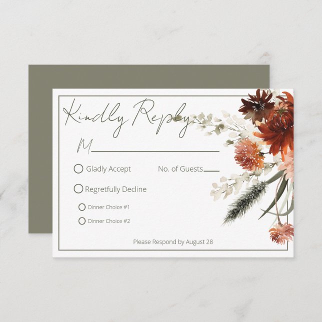 Rustic Terracotta Rust Flowers Wedding RSVP Card (Front/Back)