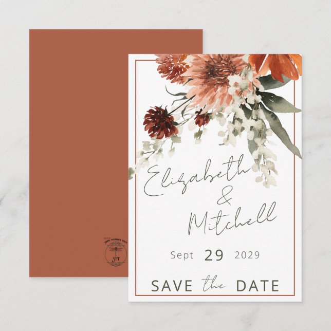 Rustic Terracotta Rust Flowers Wedding Save The Date (Front/Back)