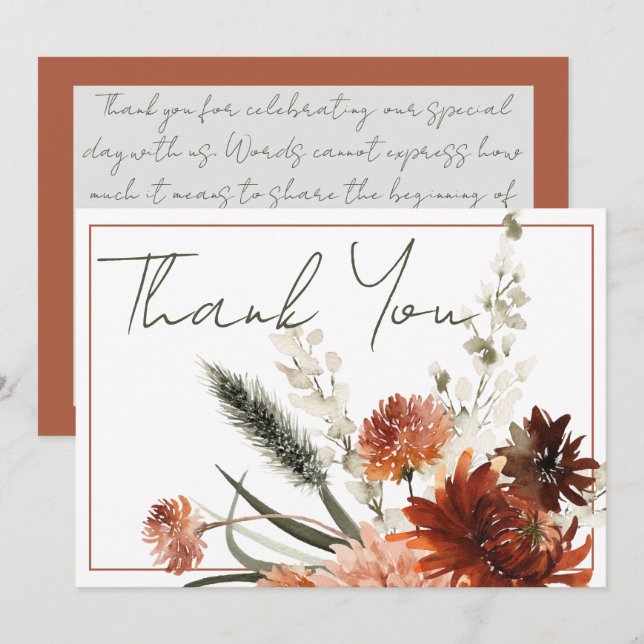 Rustic Terracotta Rust Flowers Wedding Thank You Card (Front/Back)