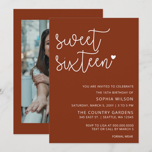 Rustic Terracotta Script Sweet 16 Birthday Photo I Invitation (Front/Back)