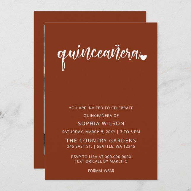 Rustic Terracotta Simple Script Quinceanera Photo Invitation (Front/Back)