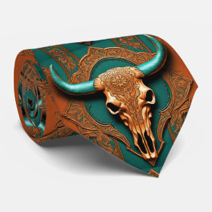 Rustic Terracotta Teal Western Country Bull SKull Tie
