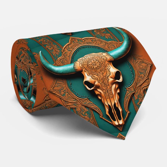 Rustic Terracotta Teal Western Country Bull SKull Tie (Rolled)