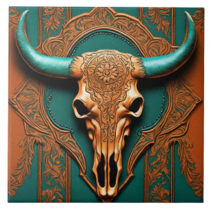 Rustic Terracotta Teal Western Country Bull SKull Tile